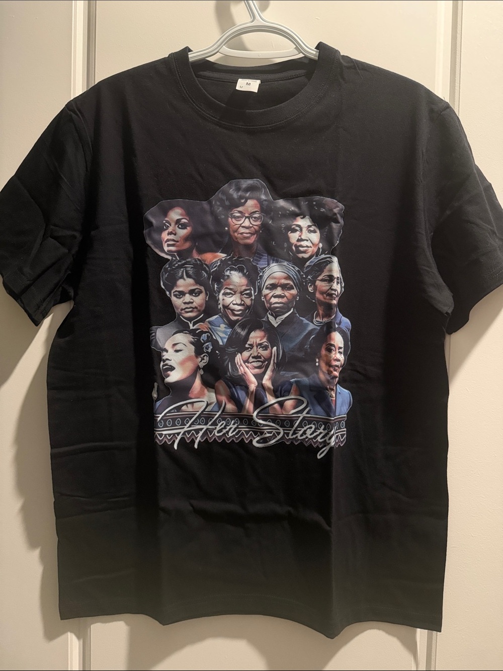 Black Graphic Tee with Illustrated Portraits “Her Story” NWOT